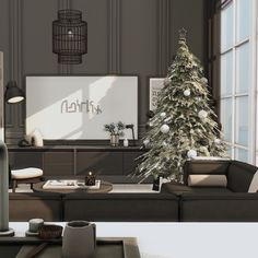 a living room filled with furniture and a christmas tree in front of a large window