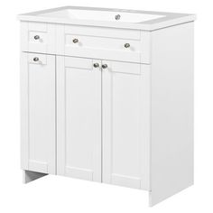 a white bathroom vanity with drawers and a sink in front of the cabinet door is shown