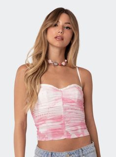 this is a screenshot from the edikted website. Concert Tops, Pink Mesh Top, Cropped Camisole, Mesh Bra, Cute Preppy Outfits, Knitted Tops, Strapless Tops, Sweetheart Neck, Bra Top