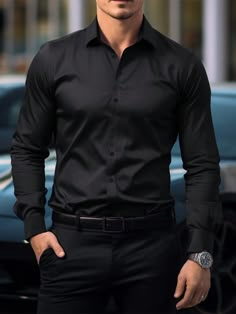 Black Casual,Work Collar Long Sleeve Fabric Plain Shirt Embellished Slight Stretch Spring/Fall Men Clothing Pant Shirt Men Style, Black And Black Outfit Men, Black Clothes For Men, Mens Outfits Work, Mens Collared Shirt Outfit, All Black Dress Outfit Men, Black Shirt Men Outfit, Black Dress Shirt Outfit Men, All Black Men Outfit