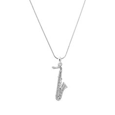 a silver necklace with a saxophone on it