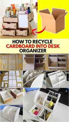 This Easy Desk organizer made only from cardboard. It’s very easy diy idea that will help you in the storage and organization of your books and house supplies. Diy Organizers Cardboard, Cardboard Storage Diy Organization Ideas, Cardboard Desk Organizer Diy, Cardboard Desk Organizer, Diy Cardboard Organizer, Diy Desktop Organizer, Diy Desk Organization