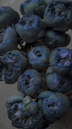 a bunch of blue flowers sitting on top of a table