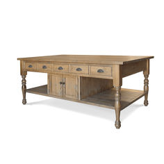 an old wooden table with two drawers on one side and a shelf underneath it, against a white background