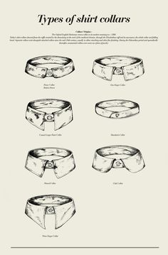 Types of shirt collars Drawing Shirt Collars, Types Of Button Up Shirts, Different Shirt Collars, Types Of Shirt Collars, Thing Aesthetic, Collar Types, 1920s Mens Fashion, Shirt Collar Pattern