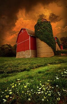 a red barn sitting on top of a lush green field next to a tall grass covered silo