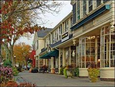 an empty street lined with shops on both sides and trees in the front, along with autumn foliage