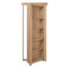 a wooden bookcase with three shelves on the front and one door open to reveal an empty shelf