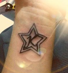 a star tattoo on the wrist is shown in black and grey colors, with an abstract design