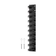 a black metal rack with two white plastic pegs next to it on a white background