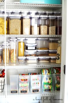 an organized pantry filled with lots of food and storage bins, including cereal, rice, corn, beans, milk, and other items