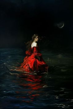 a woman in a red dress is floating on the water at night with her hair blowing in the wind