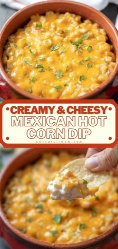 mexican hot corn dip recipe in a red bowl with a hand holding a tortilla chip