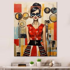 a painting on the wall of a woman wearing sunglasses and a red dress with polka dots