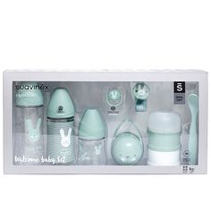 the box contains several baby bottles and accessories