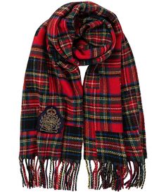 From Lauren Ralph Lauren&#x2C; this scarf features:Oblong scarfWoven fabricationPlaid printFringed endsWool/recycled polyester/nylonDry cleanApprox. 80" L x 16" WImported. Ralph Lauren Holiday, Poncho Cape, Dillard's, Red Plaid, Lauren Ralph Lauren, Scarf Wrap, Cold Weather, Black Red, Scarf Accessory