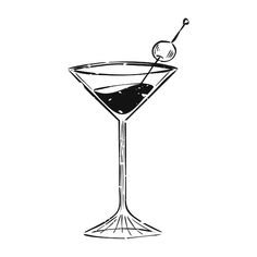 a black and white drawing of a martini glass with an olive garnish on the rim