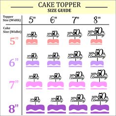 the cake topper size guide is shown in pink and purple colors with numbers on it