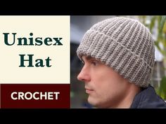 a man wearing a knitted hat with the text unisex hat crochet