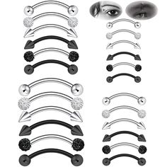 several different types of nose piercings with black and white balls on each one side