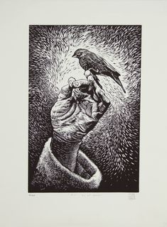 a black and white drawing of a person holding a bird