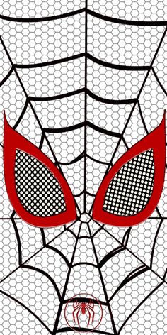 a spiderman mask with red eyes on it's face, in front of a net