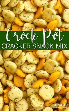 crock pot cracker snack mix with the title in green and white above it