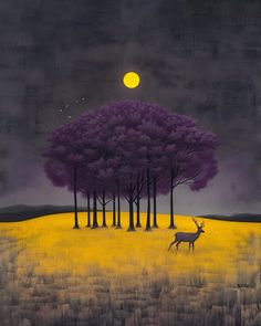 a painting of a deer standing in the middle of a field with trees on it