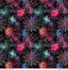 an abstract background with spider webs and colorful lights in the center, on black