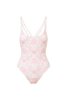 Bow bliss in the Dusk One Piece. This pretty one piece features our new, whimsical bow print inspired by vintage textiles. The suit features crisscross straps in the back and a slightly square neckline. Trendy Swimsuits 2024, Classy Swimwear, Cute One Piece Bathing Suits, Pretty Swimsuits, Pink Bathing Suit, Fairy Room, Digital Wardrobe, Pretty Bikinis