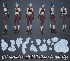 Jinx / Temporary Tattoo / Jinx Cosplay / Costume / Lol / Fake - Etsy Thailand Jinx Full Body Tattoo, Arcane Jinx Tattoo Design, Jinx Arcane Tattoo Design, Jinx Arm Tattoo, Jinx Arcane Tattoo Reference, Jinx Tattoo Clouds, Jinx Arcane Tattoo Ideas, Jinx Arcane Costume, Arcane Anatomy