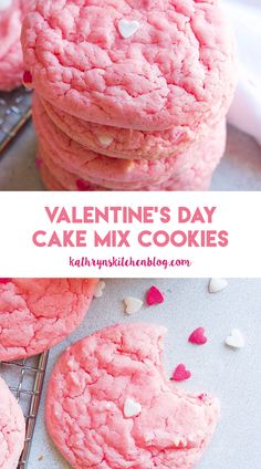 valentine's day cake mix cookies are stacked on top of each other with hearts