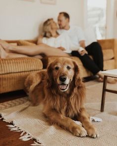 a dog laying on the floor in front of a man and woman