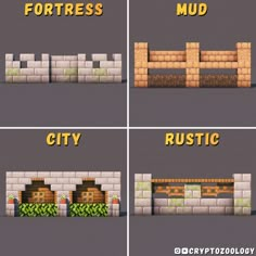 four different types of video games with the words fortress, mud, and rustic