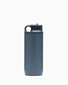 thermos bottle is shown in grey and has a handle for holding it up