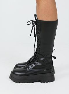 Combat boots  70% PU 30% rubber  Faux leather material   Lace up front   Zip fastening at side   Chunky base   Treaded sole   Mid-calf length High-top Black Combat Boots With Rubber Sole, Black Medium Width Lace-up Combat Boots, Black Combat Boots With Platform, Medium Width, Black Knee-high Combat Boots Medium Width, Black Leather Combat Boots With Lace-up Fastening, Combat Boots Black, Festival Shoes, Coachella Outfit, Princess Polly