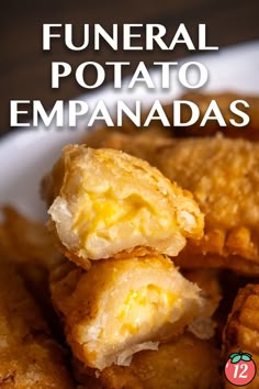 fried potato empanadas stacked on top of each other with text overlay