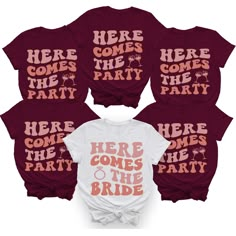 four shirts with the words here comes the party printed on them in pink and orange