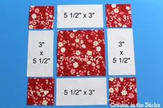 four pieces of red and white fabric with flowers on them are laid out to be sewn