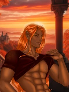 a man with orange hair and no shirt standing in front of a building at sunset