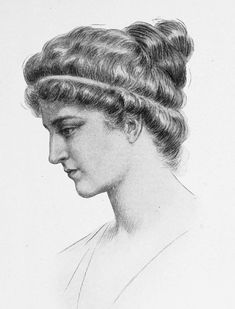 a black and white drawing of a woman's head with her hair in a bun