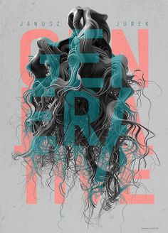 an abstract poster with wavy hair and the word one on it's back side