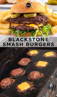 hamburgers and french fries are cooking on an outdoor grill with the words blackstone smashburgers