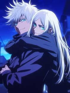 two anime characters hugging each other in the dark