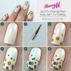 Dotty For Retro Nail Art Tutorial For Barry M (via Bloglovin.com ) Nail Art Techniques Step By Step, Mustard Nails, Dotty Nails, Dotting Tool Nail Art, Retro Nail Art, Butterflies Nails, Nail Art Dotting Tool, Daisy Nail Art, Bright Nail Art