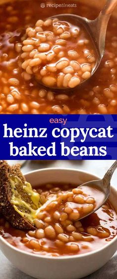 baked beans in a white bowl being spooned with the words easy heinz copycat baked beans