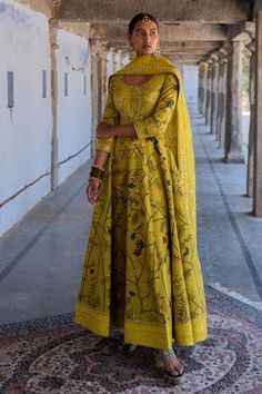 Mustard handwoven chanderi silk anarkali with kalamkari hand painted motifs and mirror embroidery. Paired with mirror work dupatta. Kalamkari Anarkali, Archana Jaju, Mirror Work Dupatta, Yellow Anarkali, Yellow Mirror, Anarkali With Dupatta, Mustard Fabric, Indian Luxury, Silk Anarkali