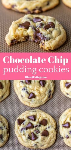 chocolate chip pudding cookies on a cookie sheet with the title overlay reading chocolate chip pudding cookies