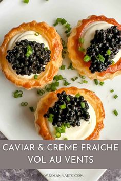 cavia and creme fraiche vol au ventts on a white plate