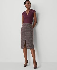 With polished button welt pockets, our tweed pencil skirt steps out with a sleek front slit. Front slit. Hidden back zipper with hook-and-eye closure.,Hit:Hits below the knee,Imported:Imported,Length:26 1/2" long,Fabrication:Shell: 55% Cotton, 45% Acrylic; Lining: 100% Polyester,Garment Care:Machine Washable Tweed Button Pencil Skirt by Ann Taylor Size regular - 8 Burgundy Combo Women's Pencil, Skirts, Shell 55%, Cotton, 45%, Acrylic Lining 100%, Polyester, Machine, Washable Capsule Wardrobe Essentials, Tweed Pencil Skirt, Blazer And Skirt, Pencil Skirts, Sleepwear & Loungewear, Petite Fashion, Trending Now, Welt Pockets, Capsule Wardrobe